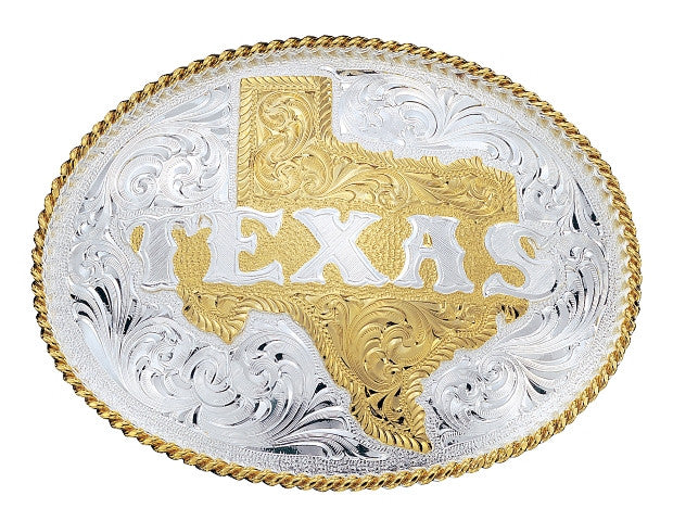 (MS5630) Silver Engraved Western Belt Buckle with Etched State of Texas by Montana Silversmiths
