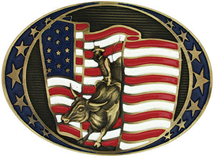 (MS60962C) Bull Rider & American Flag Belt Buckle by Montana Silversmiths