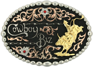 (MS60968) "Cowboy Biz" Western Tri-Color Belt Buckle by Montana Silversmiths