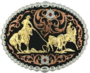 (MS60969) "Team Roper" Western Tri-Color Belt Buckle by Montana Silversmiths
