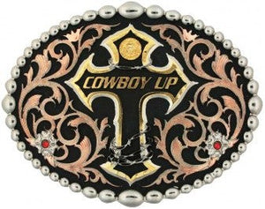 (MS60990) "Cowboy Up" Western Tri-Color Belt Buckle