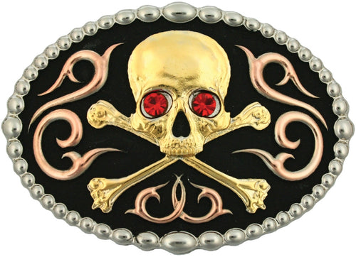 (MS60992) Western Tri-Color Skull & Crossbones Belt Buckle by Montana Silversmiths