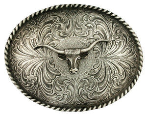 (MS61021) Twisted Longhorn Antiqued Silver Belt Buckle by Montana Silversmiths