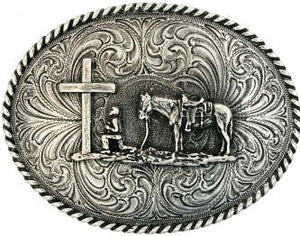 (MS61304) "Christian Cowboy" Western Antique Silver Belt Buckle by Montana Silversmiths