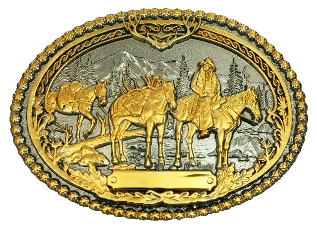 (MS61333P) Pack Horses and Rider Two-Tone Western Belt Buckle by Montana Silversmiths