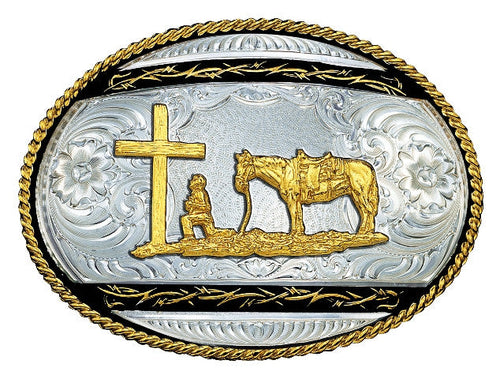 (MS6135-731BK) Barbed Edge on Black Western Belt Buckle - Praying Cowboy