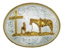 Load image into Gallery viewer, (MS61354) Large Silver Engraved Western Belt Buckle with Praying Cowboy
