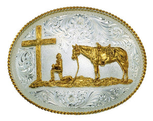 (MS61354) Large Silver Engraved Western Belt Buckle with Praying Cowboy