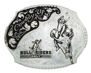 (MS61357) "Cowboy Up" Bull Rider's Only Western Silver Belt Buckle by Montana Silversmiths