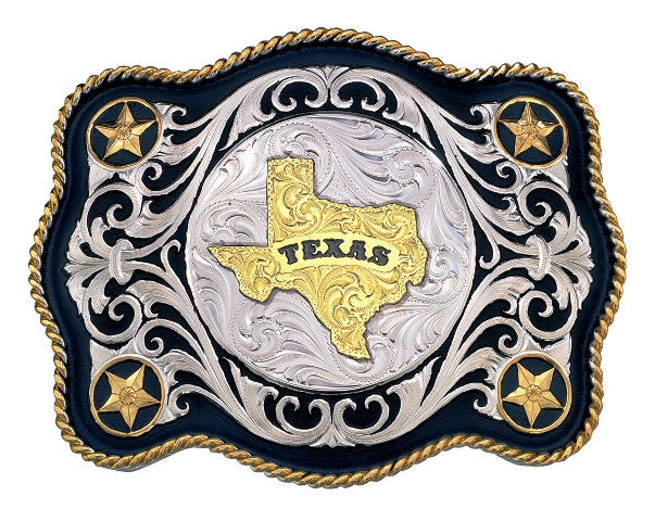 (MS61360-610TX) Scalloped Sheridan Style Western Belt Buckle - Texas by Montana Silversmiths