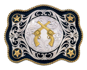 (MS61360-878) Scalloped Sheridan Style Western Belt Buckle with Crossed Pistols by Montana Silversmiths