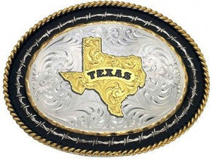 (MS6139-610TX-BK) Twisted Rope & Barbed Wire Western Belt Buckle with Texas State by Montana Silversmiths