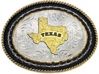 (MS6139-610TX-BK) Twisted Rope & Barbed Wire Western Belt Buckle with Texas State by Montana Silversmiths