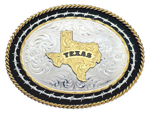 (MS6139-610TXBK) Twisted Rope & Barbwire Western Belt Buckle with Texas State
