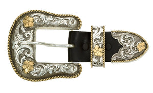 (MS61565) Western Antiqued Two-Tone Filigree 3-Piece Buckle Set 1-1/2"