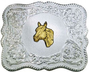 (MS61669-44) Scalloped Silver Western Belt Buckle with Horse Head Concho by Montana Silversmiths