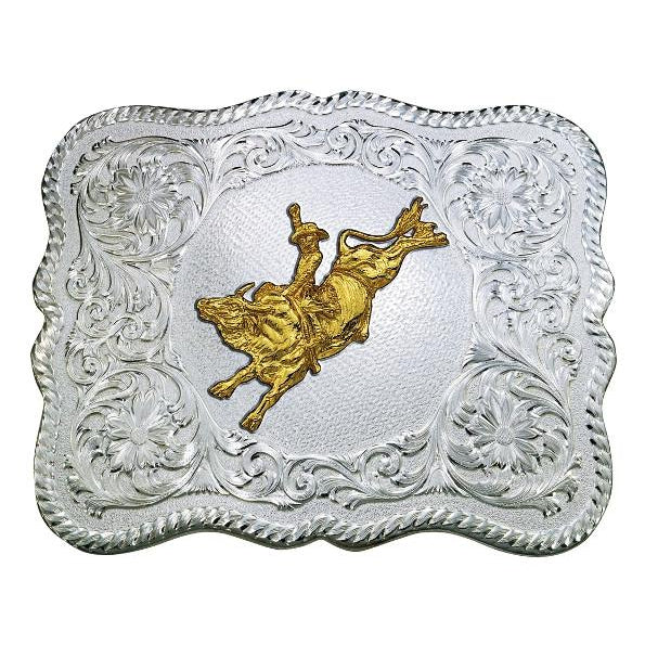 (MS61669-528) Scalloped Silver Western Belt Buckle with Bull Rider Concho by Montana Silversmiths