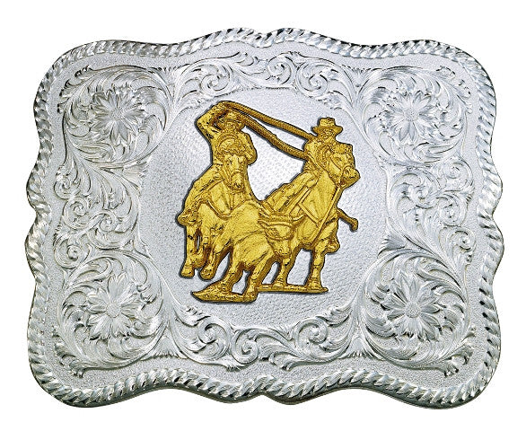 (MS61669-841) Scalloped Silver Western Belt Buckle with Team Roper Concho by Montana Silversmiths