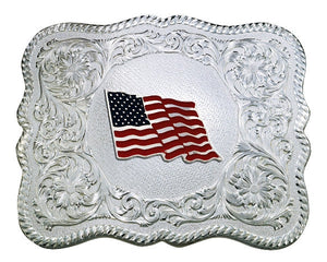 (MS61669-874) Scalloped Silver Western Belt Buckle with American Flag by Montana Silversmiths