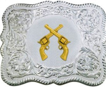 (MS61669-878) Scalloped Silver Western Belt Buckle with Crossing Pistols by Montana Silversmiths