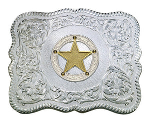 (MS61669-C325U) Scalloped Silver Western Belt Buckle with Round Star Concho by Montana Silversmiths