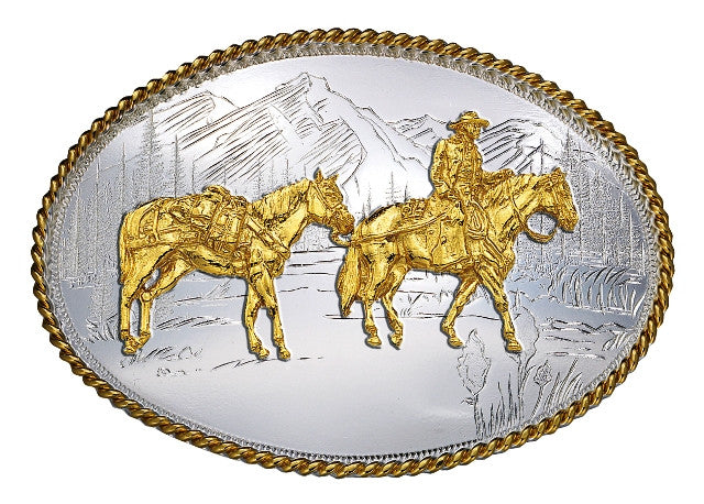 (MS6250-35) Etched Mountains Western Belt Buckle with Pack Horse & Rider