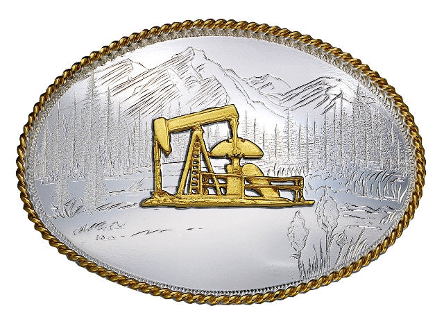 (MS6250-548) Etched Mountains Western Belt Buckle with Oil Well
