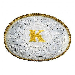 (MS700) "Choose Your Initial" Silver Engraved Gold Trim Western Belt Buckle by Montana Silvermsiths