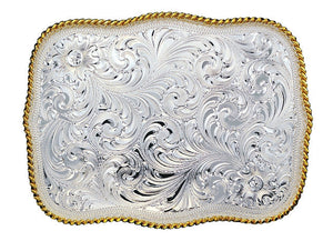 (MS860) Western Large Scalloped Silver Belt Buckle by Montana Silversmiths