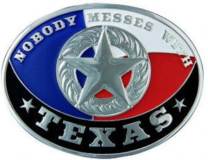 (MSA213S) "Nobody Messes With Texas" Star Concho Belt Buckle by Montana Silversmiths
