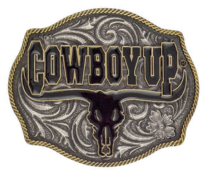 (MSA354) "Cowboy Up" Western Longhorn Belt Buckle by Montana Silversmiths