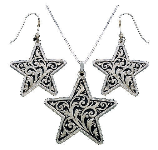 (MSJS60856) Western Silver & Black Filagree Star Necklace and Matching Earrings