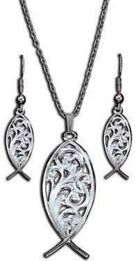 (MSJS61050) Western Filagree Christian Fish Necklace & Earrings