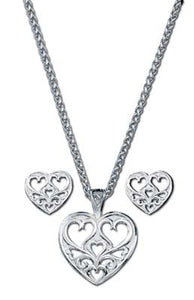 (MSJS61052) Western Pierced Hearts Silver Necklace & Earring Set