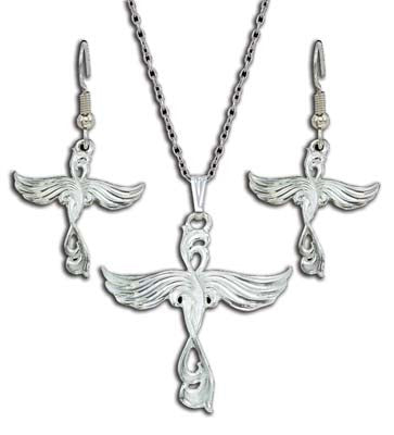 (MSJS61221) Western Angel Wings Cross Necklace & Earring Set