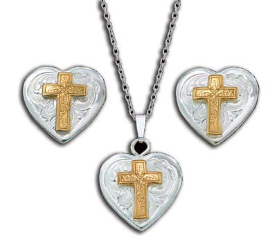 (MSJS61273) Western Silver & Gold Cross Heart Necklace & Earrings