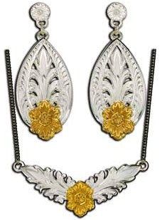 (MSJS61394) Western Filigree Flower Dangle Necklace & Earrings