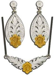 (MSJS61394) Western Filigree Flower Dangle Necklace & Earrings