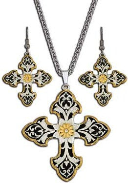 (MSJS61397) Western Filagree Flower Cross Necklace & Earrings