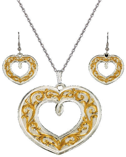 (MSJS61399) Western Gold & Silver Filagree Heart Necklace & Matching Earrings by Montana Silversmiths