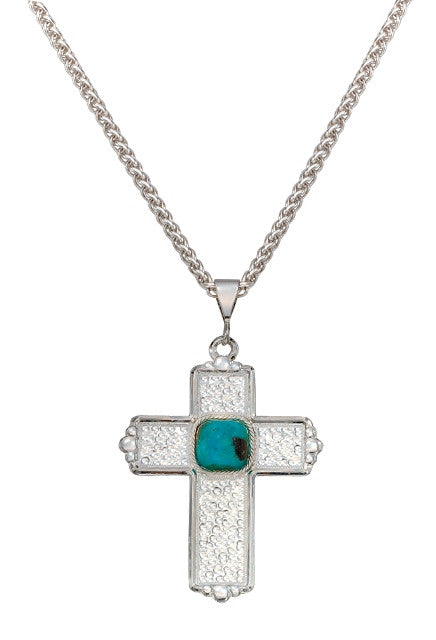 (MSNC1153) Western Hammered Silver & Blue Earth Cross Necklace
