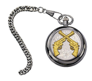 (MSWATCHP20-55) Crossed Pistols Small Silver Inlay Pocket Watch