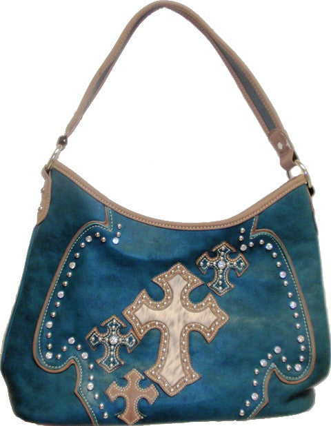(MWFB918TQ) Western Turquoise Purse with Hair-On Crosses