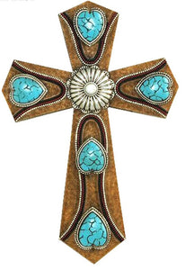 (MWRSD1693) Western Heart Shaped Turquoise Stones Cross 11" Tall