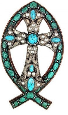 (MWRSD325) Western Turquoise Stones Fish Symbol Cross