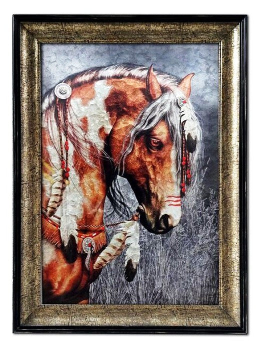 (MWRSM1950) Western Feathered Horse Metal & Wood Framed Art