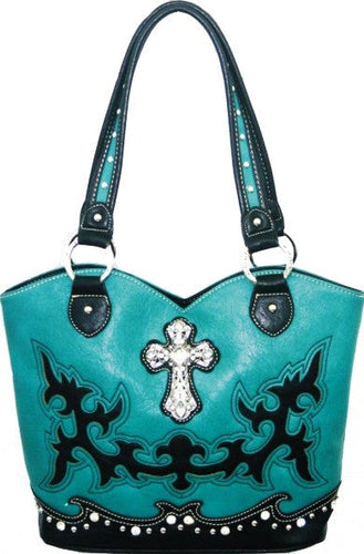 (MWSL8096) Western Faux Leather Turquoise Purse with Cross