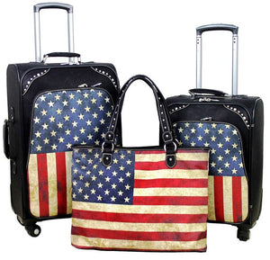(MWUS01-L1-2-6) "American Flag" Western 3-Piece Wheeled Luggage Set