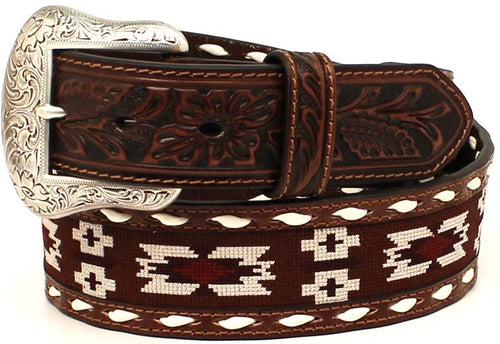 Men's Southwestern Brown Leather Belt with Fabric Buck Lacing (1-1/2