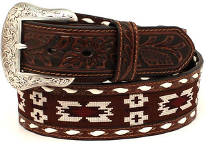 Men's Southwestern Brown Leather Belt with Fabric Buck Lacing (1-1/2")